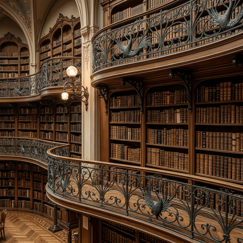 Historic library interior with curved wooden bookshelves, ornate iron railings, and a large stained glass skylight